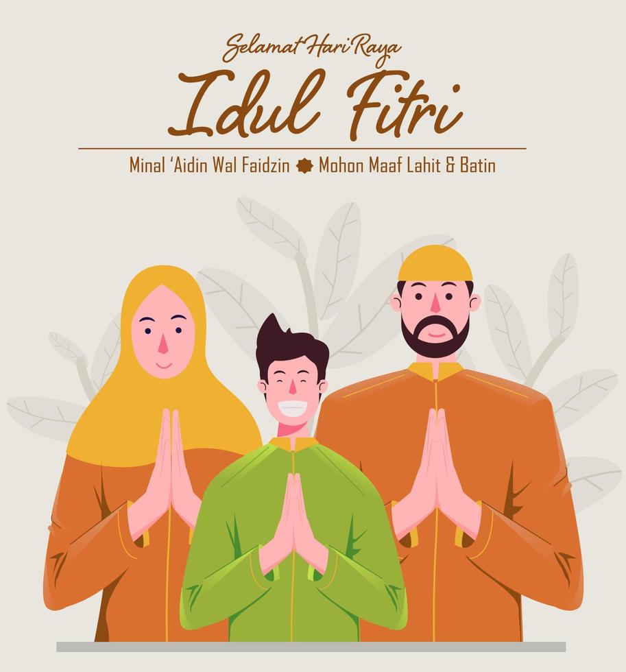 karikaturmuslimische familie, die eid al fitr feiert, flache vektorillustration für eid-grußkartenplakat und -fahne vektor