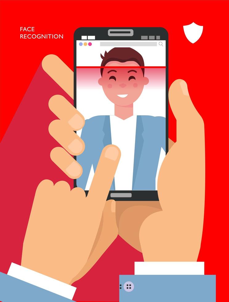 ansiktsigenkänning. ansikts-ID, ansiktsigenkänningssystem. två händer som håller smartphone med manligt mänskligt huvud och laserskanningsapp på skärmen. platt design grafiska applikationselement. vektor illustration