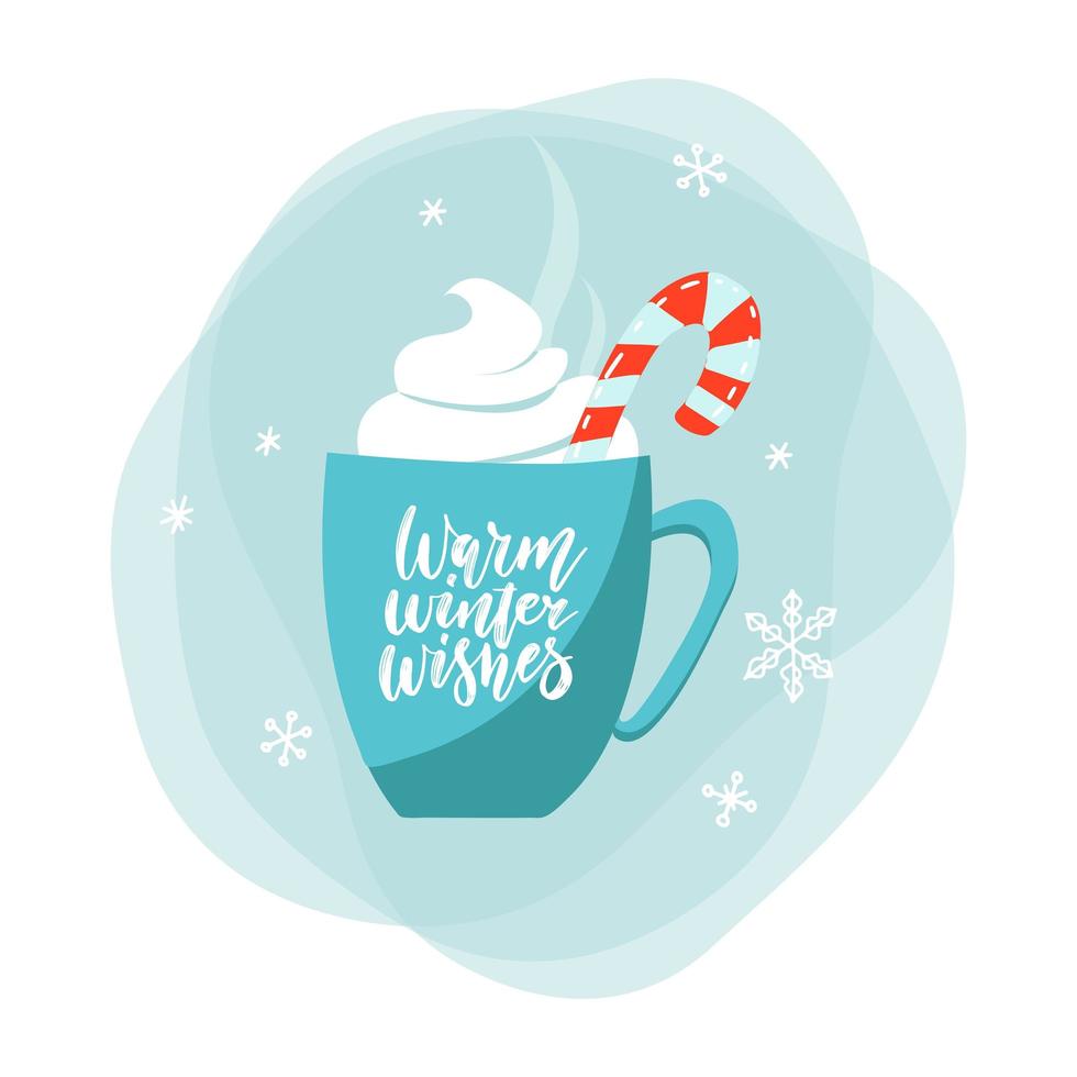varm choklad kopp med marshmallow och klubba, blå med snöflinga ornament. julkort designelement. isolerade platt vektor illustration.