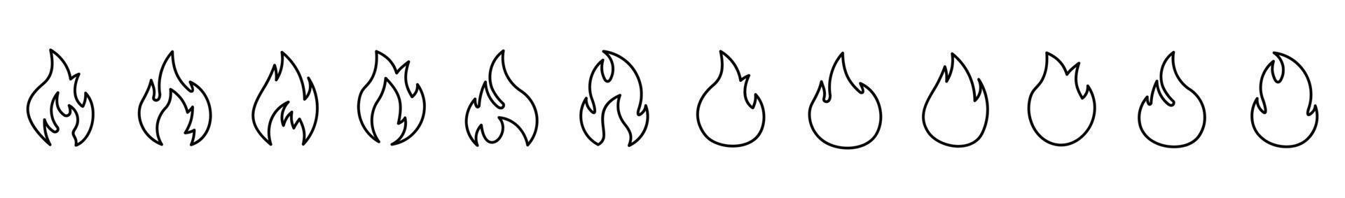 Zwölf Flammen in verschiedenen Formen Lagerfeuer Vektor Illustration Hintergrund weiß, Feuer flache Linie Symbole gesetzt
