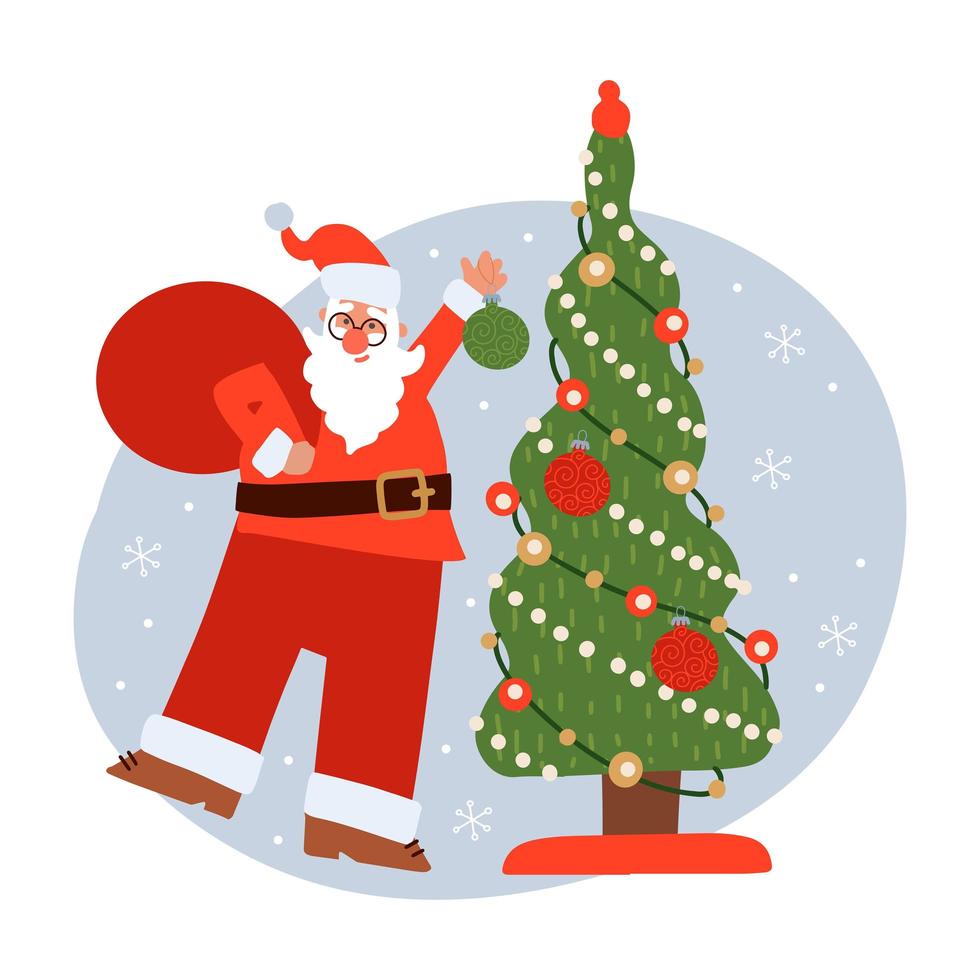 lustiger weihnachtsmann mit großem rotem sack, der weihnachtsbaum mit weihnachtsspielzeug schmückt. süße Winterurlaubskarte. weihnachten und neujahr flache vektorillustration für karten, web, banner und paket. vektor
