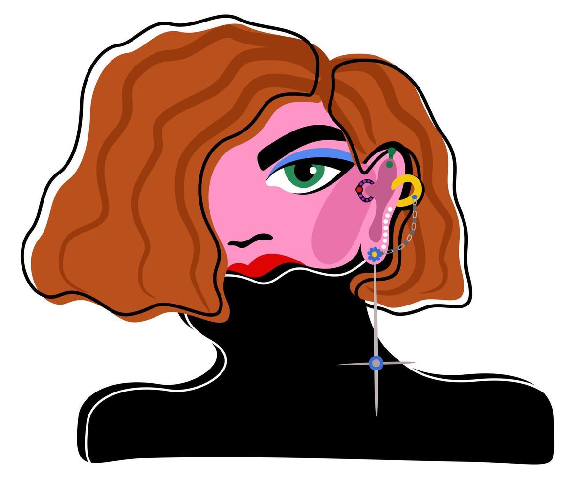 ung rödhårig kvinna med olika öronpiercing. vektor
