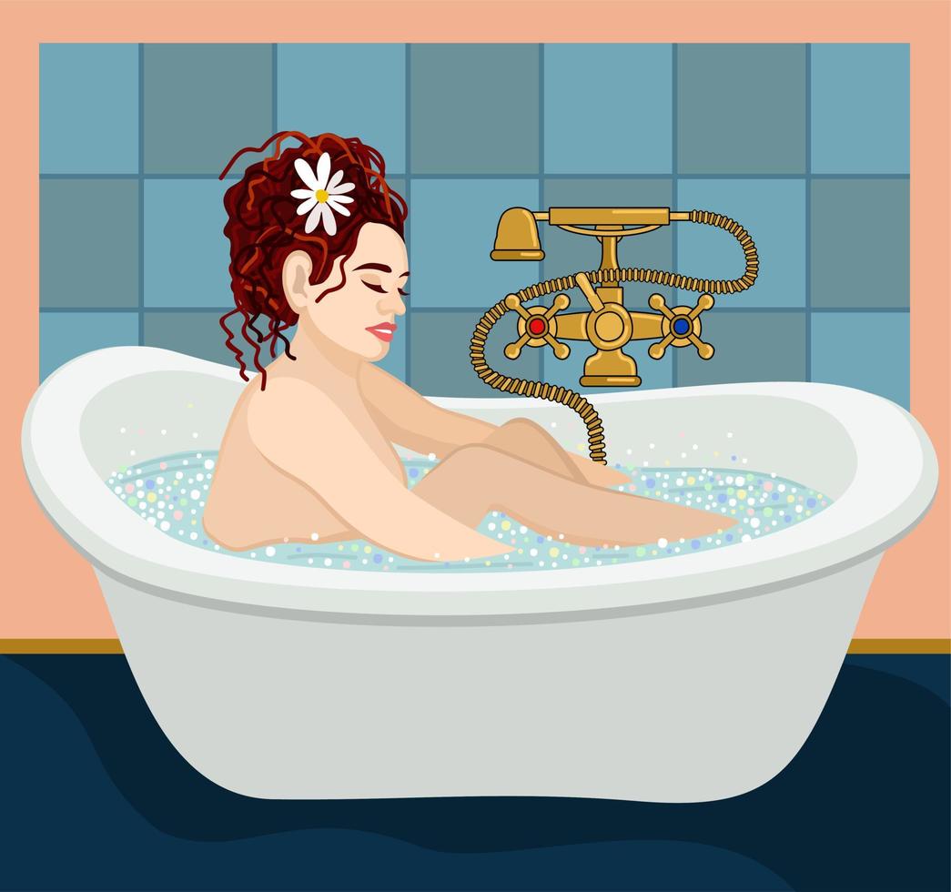 vektor illustration av kvinna som kopplar av i ett badrum. spa koncept. egenvård.