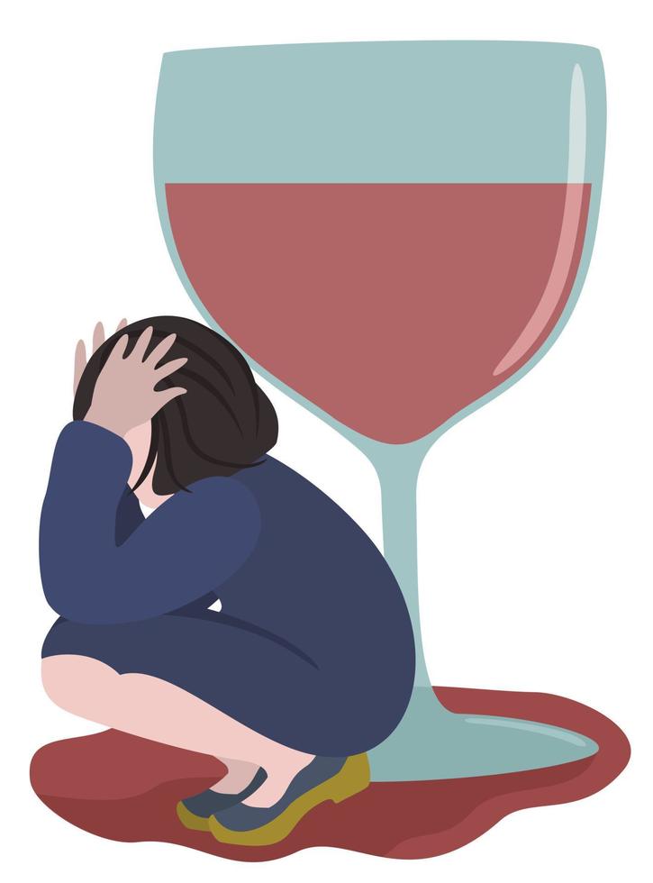 Alkoholismus-Konzept. Person, die bei einem Glas Wein hockt. vektor