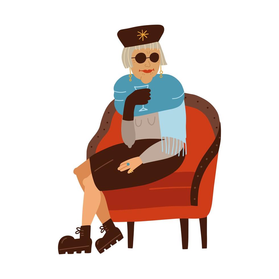 alte elegante dame, die stilvolle kleidung im vintage-stil trägt, cocktail trinkt und im sessel sitzt. flache vektorillustration. vektor