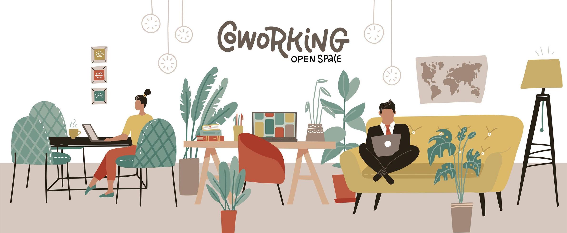 kreativa co-working center inredning. gemensam arbetsmiljö. människor som arbetar vid bärbara datorer i det öppna kontoret. modern coworking arbetsplats. platt vektorillustration vektor