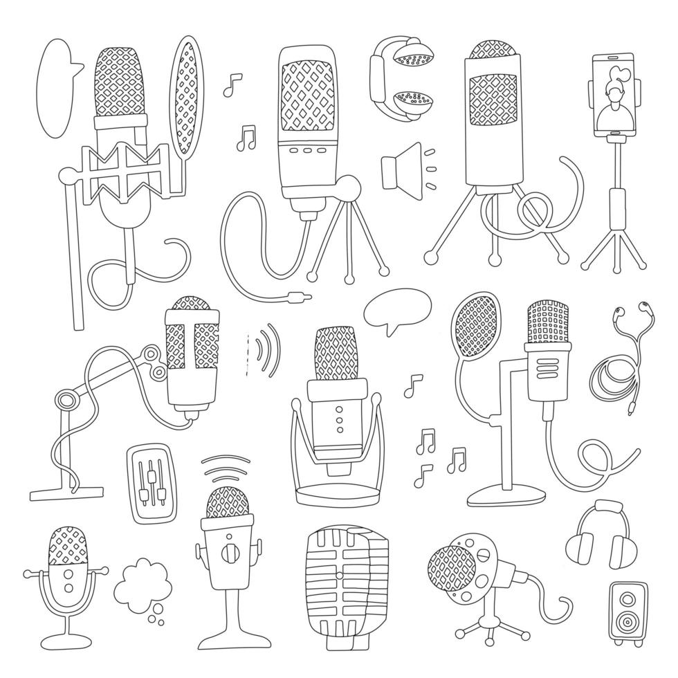 mikrofon illustration set. samling av högkvalitativa konturljudpiktogram i linjär stil. svart musiksymbol för webbdesign och mobilapp på vit bakgrund. logotyp för podcast-högtalare. vektor