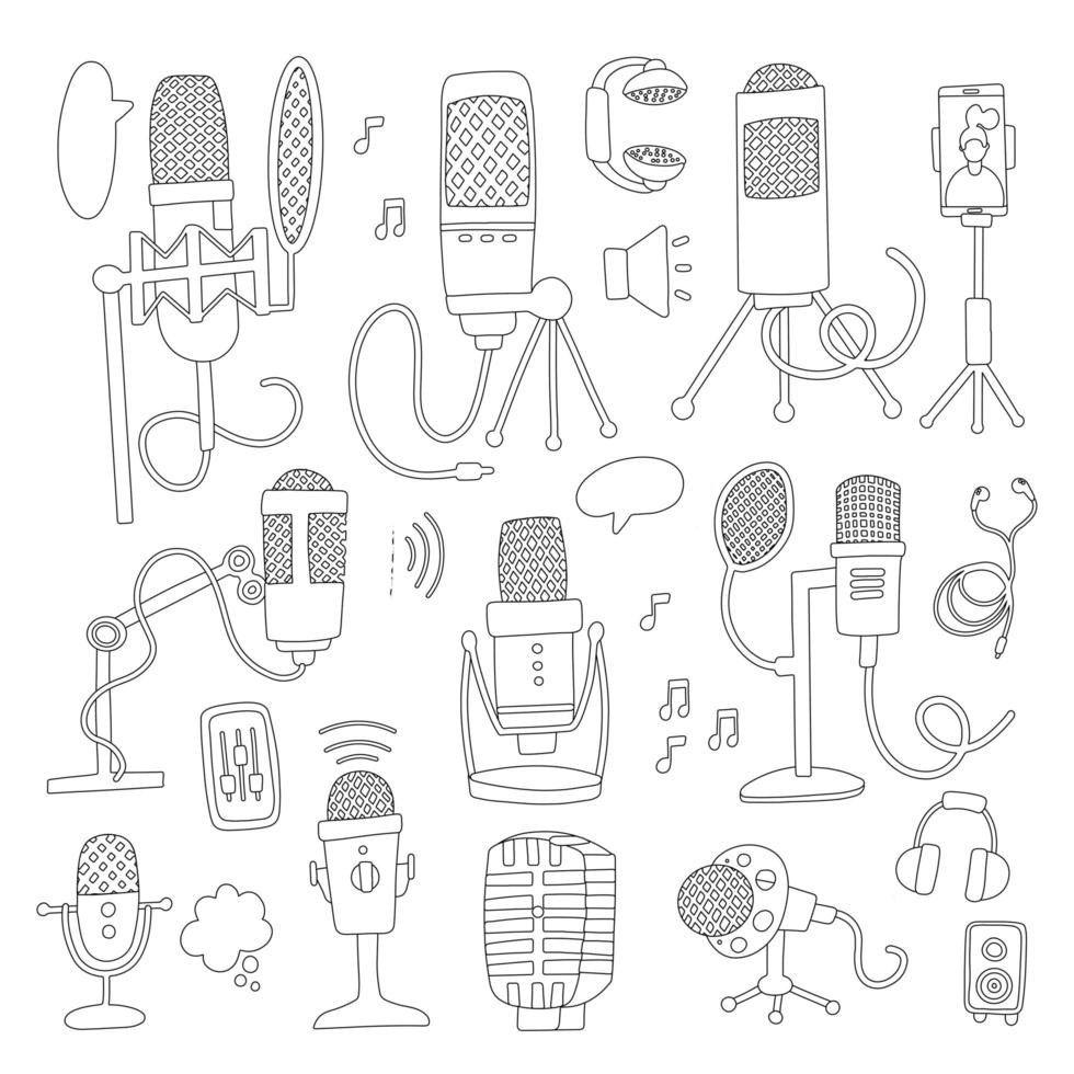 mikrofon-illustrationssatz. sammlung hochwertiger umriss-audiopiktogramme im linearen stil. schwarzes Musiksymbol für Webdesign und mobile App auf weißem Hintergrund. Logo der Podcast-Lautsprecherlinie. vektor
