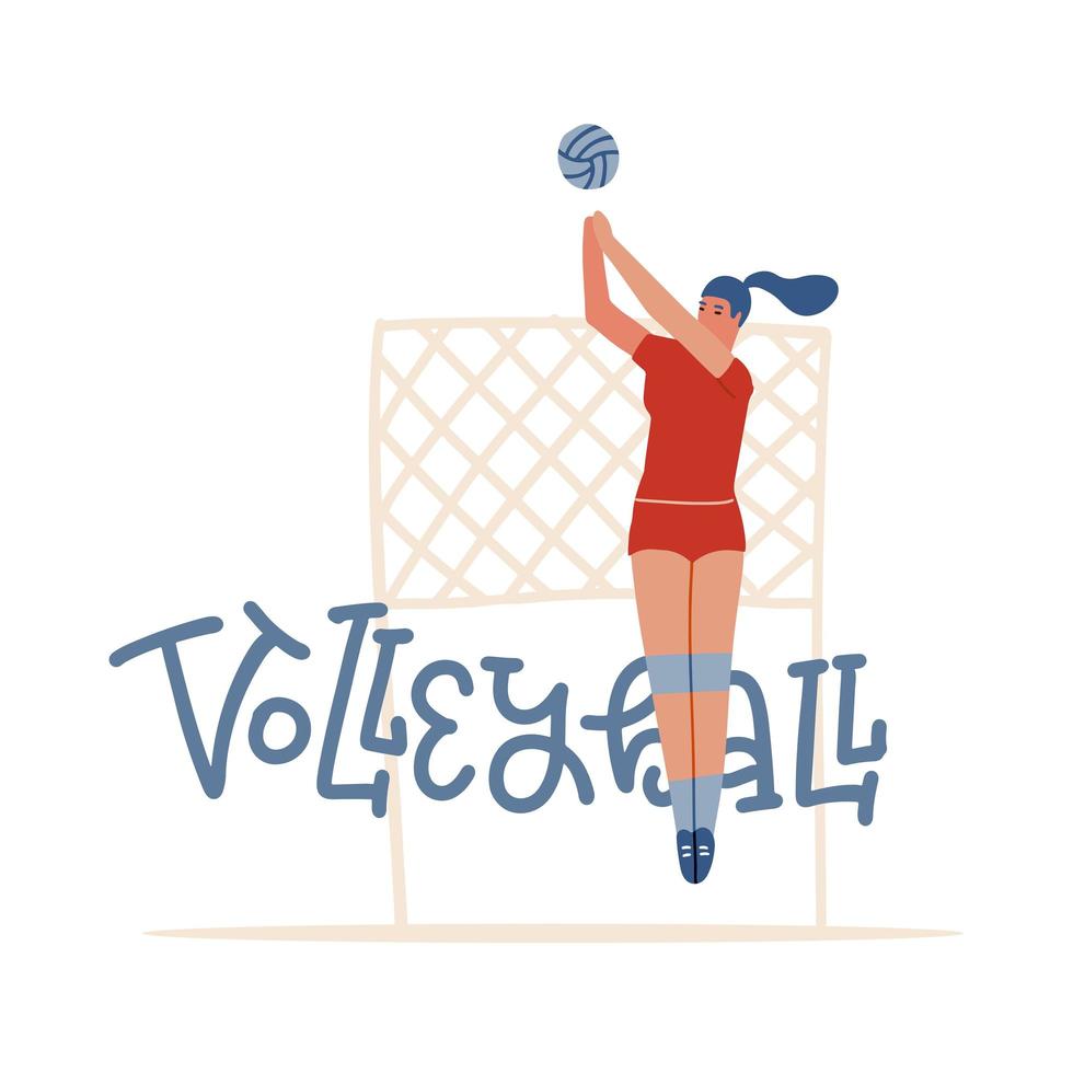 Indoor-Volleyball-Banner mit Typografie, Frau, die mit Ball und Netz spielt. gesunde lebensstilaktivität, sportwettbewerb. flache vektorillustration der karikatur mit beschriftung vektor