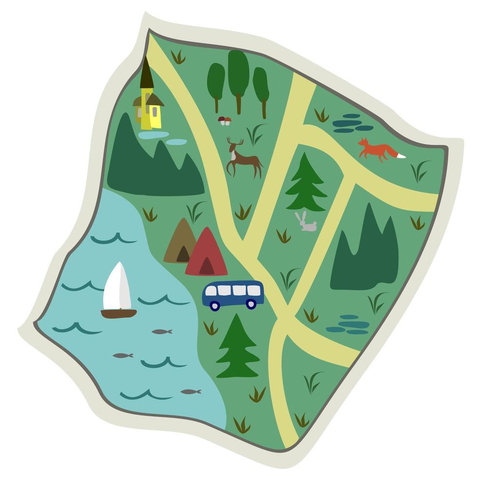 turistkarta med skog, sjö och camping. vektor