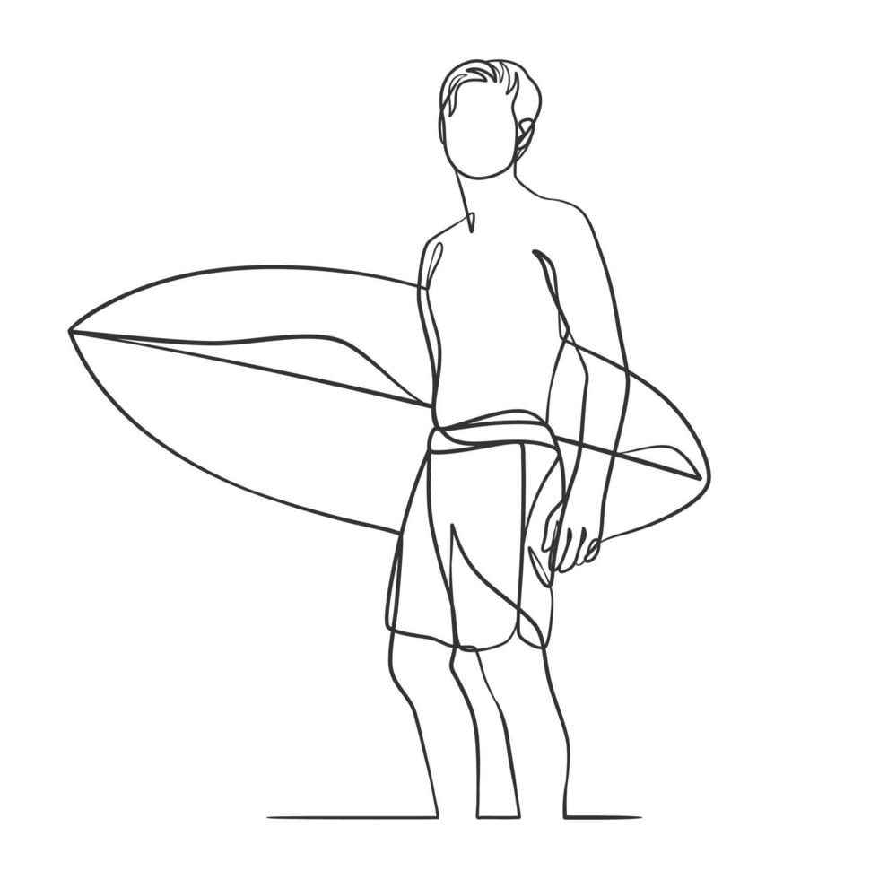 durchgehende Linienzeichnung eines Surfers mit einem Surfbrett vektor