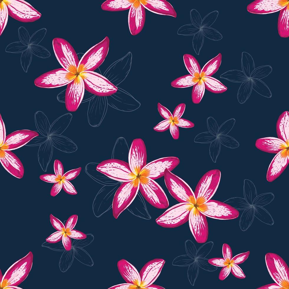 sömlösa blommönster med frangipani blommor mörkblå abstrakt bakgrund. vektorillustration handritad linjekonst. tyg textilmönster tryckdesign vektor
