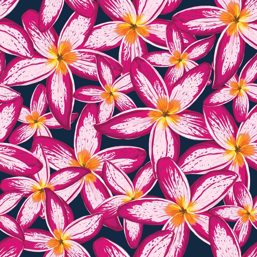 sömlösa blommönster med frangipani blommor mörkblå abstrakt bakgrund. vektorillustration handritad linjekonst. tyg textilmönster tryckdesign vektor