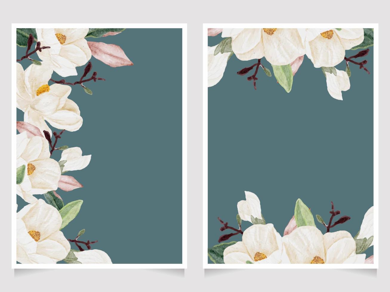 aquarell handgezeichnete weiße magnolienblüte und grünes blatt zweig blumenstrauß hochzeitseinladungskartenvorlagen sammlung vektor