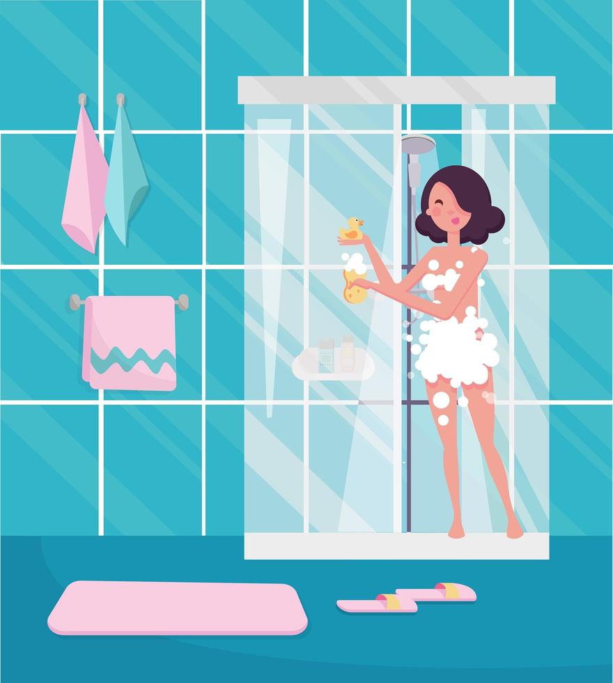 Frau unter der Dusche. Tagesablauf mit selbstbewusster erwachsener weiblicher Figur, die mit Seifenschaum bedeckt ist und im Badezimmerinneren duscht. Morgenroutine-Konzept-Layout. flache Cartoon-Vektor-Illustration. vektor