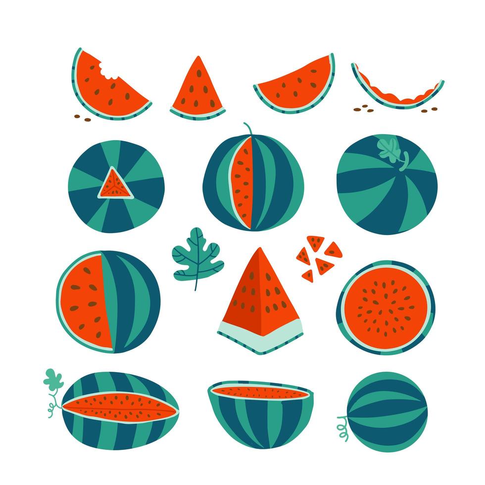 die Illustration von reifen roten Wassermelonen. ganz, Scheiben, Samen von Wassermelonen. perfekt, um saftige früchte für sommerdesign zu setzen. moderne illustration im flachen stil. helle bunte elemente, förderung vektor