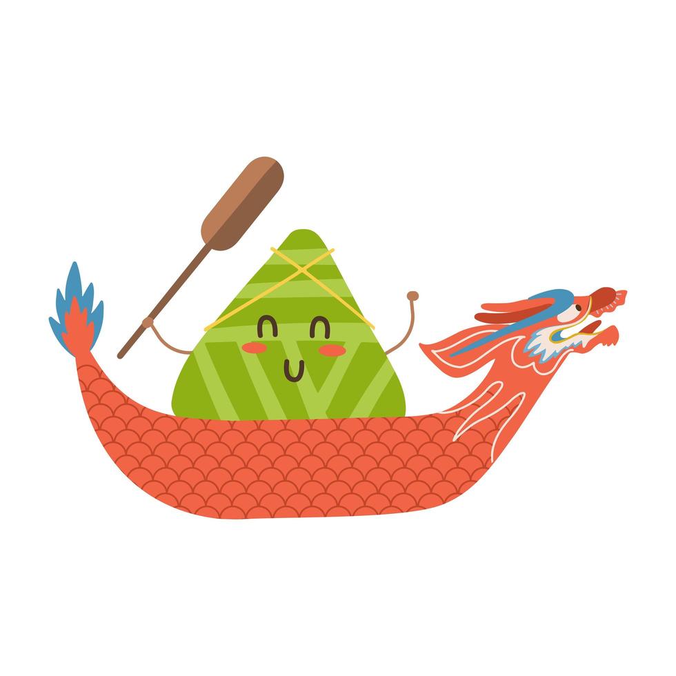 drakbåt festival illustration. kawaii kinesisk risdumpling karaktär med paddel. isolerade platt vektorillustration vektor