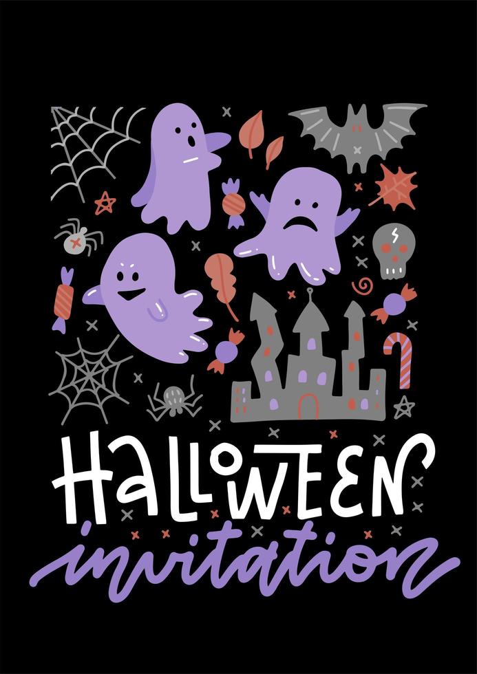 halloween koncept inbjudan banner med spöken och fladdermöss ikoner klistermärken på bakgrunden. platt vektor illustration. mall för din design. affisch. inbjudan till fest. plats för din text.