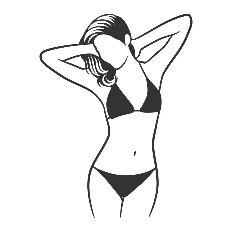 vacker flicka i bikini svartvit ritning vektor