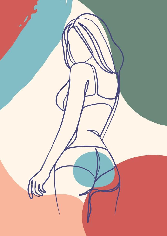 kontinuerlig en linje konst affisch av kvinna kropp i bikini vektor