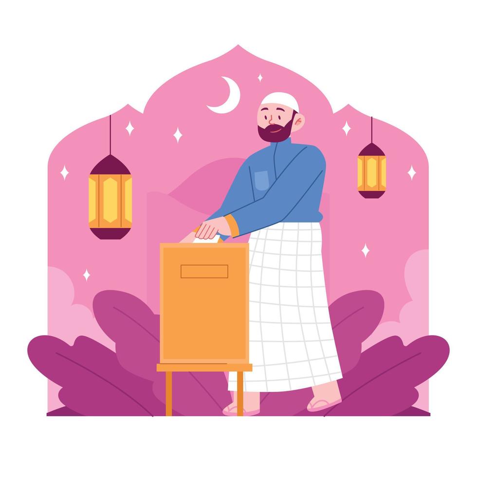 ramadan kareem mubarak konzeptvektorillustrationsidee für zielseitenvorlage, islamische familie, die das heilige buch für wohltätigkeit gibt, menschen, die im heiligen monat beten, iftar, handgezeichneter flacher stil vektor