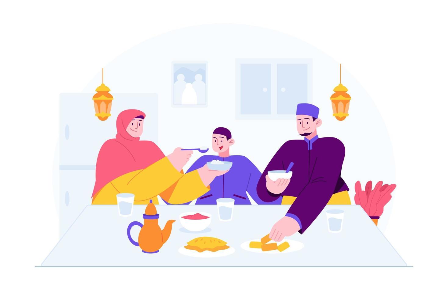 ramadan kareem mubarak koncept vektorillustrationsidé för målsidesmall, islamiska familjeiftarfestdatum, människor som ber före frukost för den heliga månaden, handritad platt stil vektor