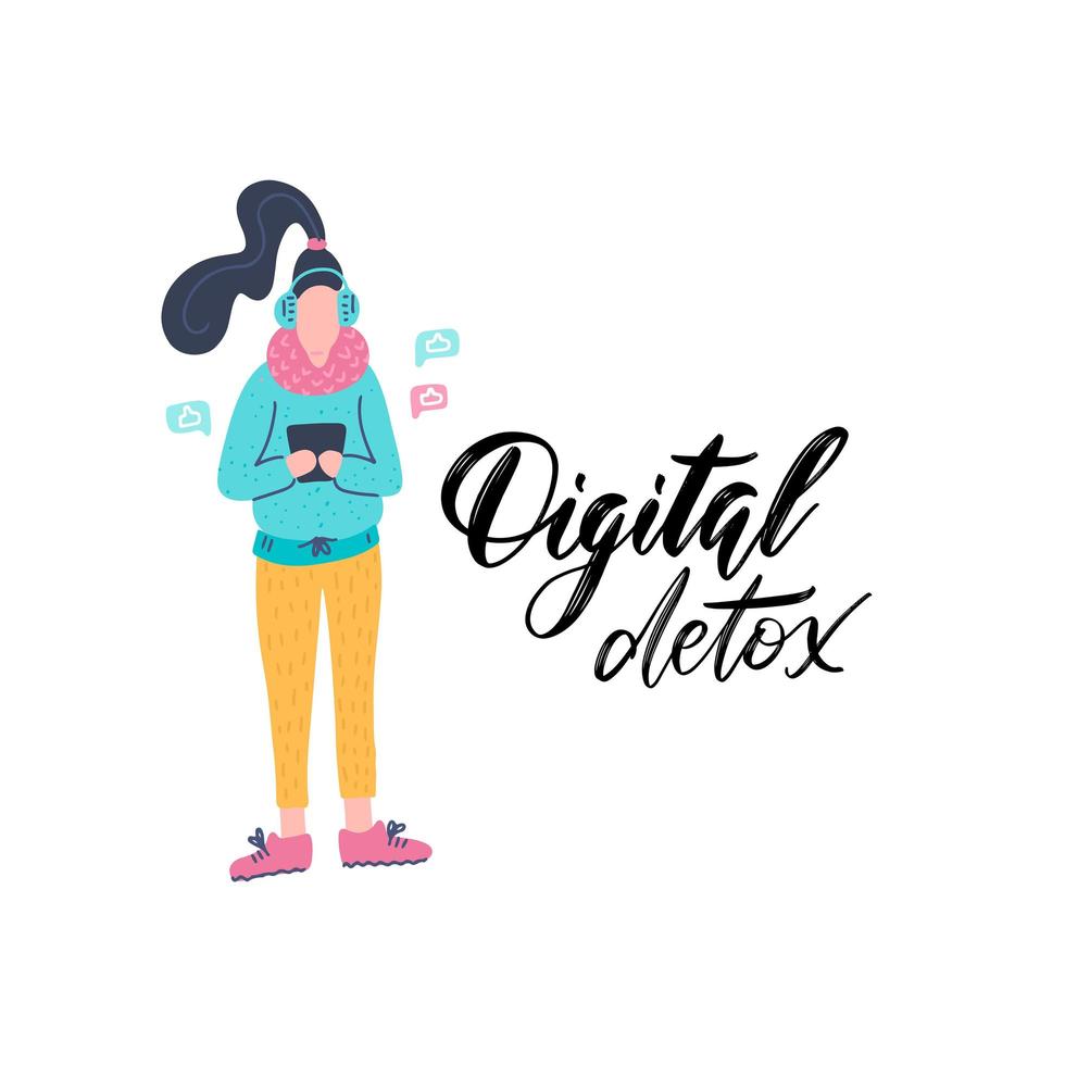 digital detox. ung kvinnlig karaktär med gadgetberoende. modern livsstil. tusenårig användare. platt redigerbar vektorillustration vektor