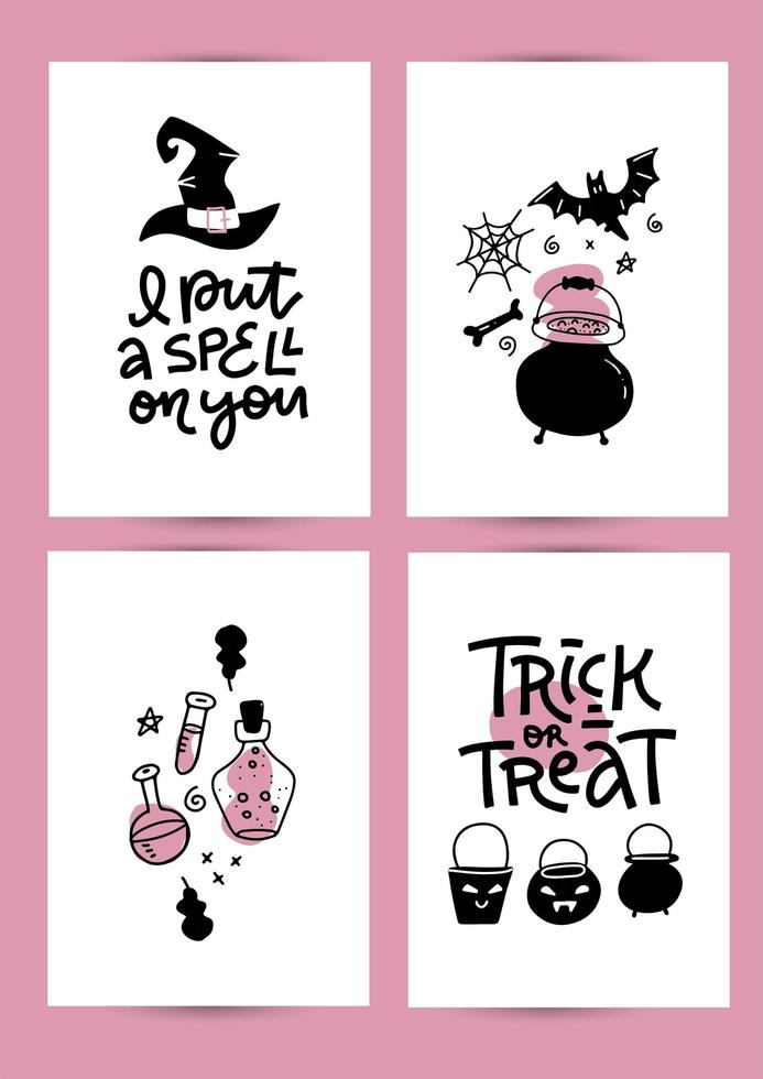 halloween-partyeinladung, grußkarte, postervorlagen im a4-größensatz. handgezeichnete traditionelle symbole, niedliche elemente in rosa und schwarzen farben. einfache vektorillustration, beschriftung. vektor
