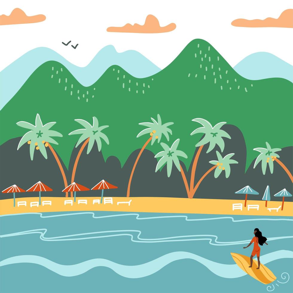 strand sommarlandskap. turist solstolar vid kusten, paraplyer och palmer nära bergen. semester, avkoppling, hav, sol, palmer. surfande tjej. platt vektor illustration