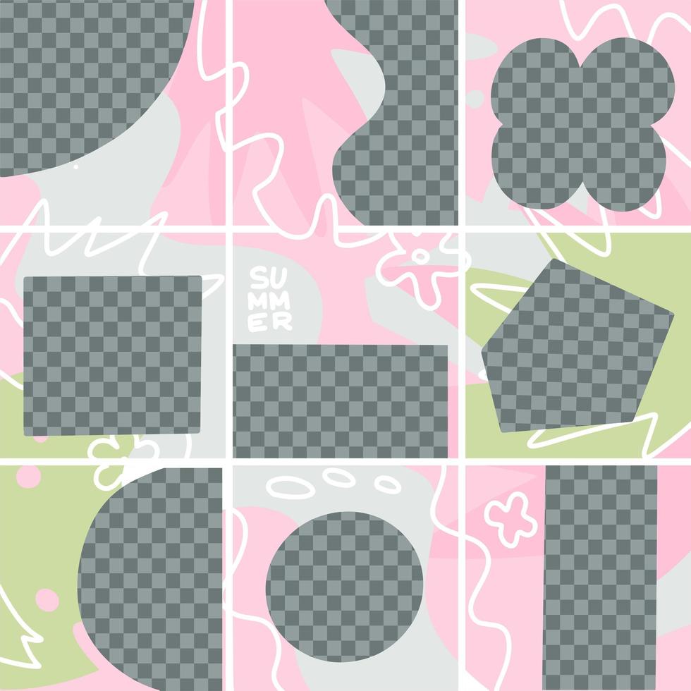 sociala medier fyrkantig inläggsbakgrundsmall med kopia utrymme för text, bilder design av abstrakta rosa gröna former, linjekonst, blomma. platt handritad vektorillustration av 9 isolerade pusselcollage vektor
