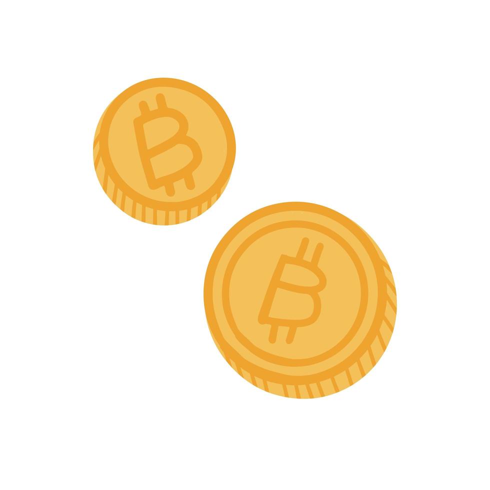 två platta guldmynt, handritade bitcoins på vit bakgrund. platt vektorillustration isolerad på vit bakgrund. vektor