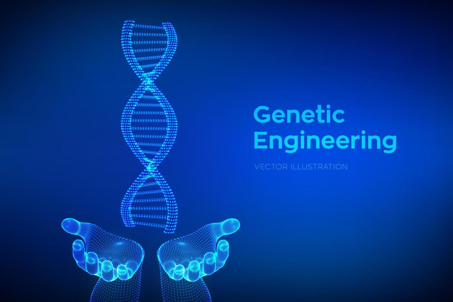 dna-sekvens i händerna. wireframe dna molekyler struktur mesh. dna-kod redigerbar mall. vetenskap och teknik koncept. vektor illustration.