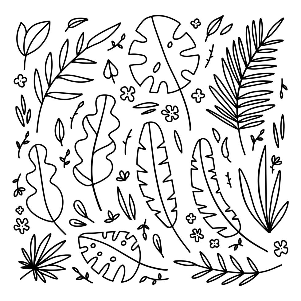stor blommig uppsättning svarta handritade palmblad, grenar isolerade på vitt. samling av blomstrande element för design. vektor doodle illustration.