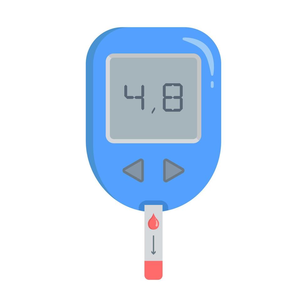 glukometer med teststicka. en apparat för att mäta blodsockernivåer. indikatorn på skärmen är normal. platt tecknad stil. isolerade vektorillustration på vit bakgrund. vektor