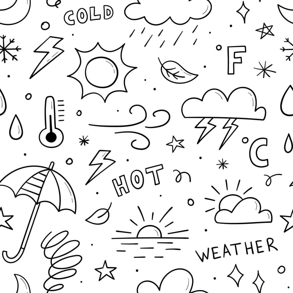 handritade sömlösa mönster relaterat vädertema, sol, moln, snöflingor, vind, regn, måne, blixtar. doodle skiss. vektor illustration för bakgrundsdesign.