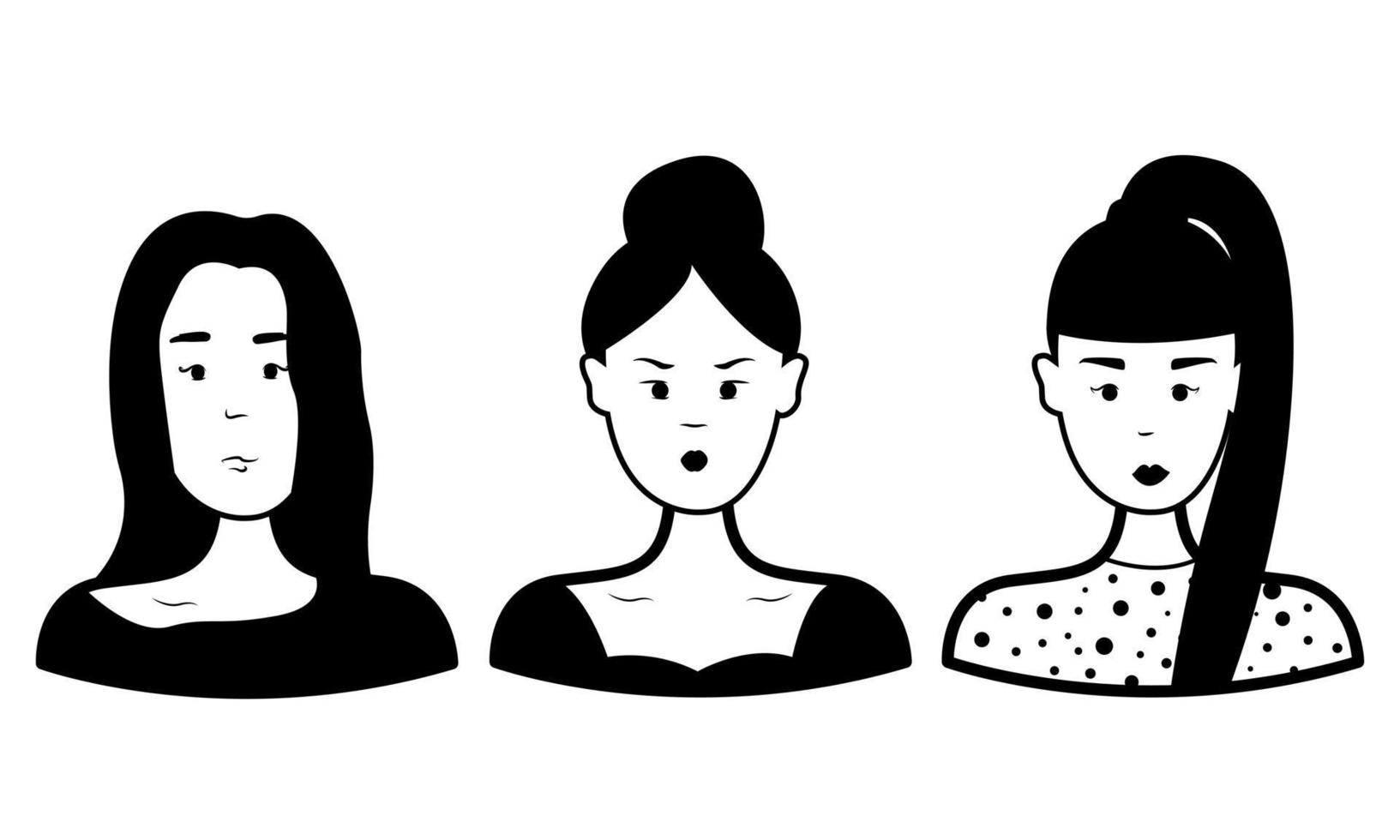 doodle set människor ansikte. tre tjejer. vektor kontur. svartvit illustration