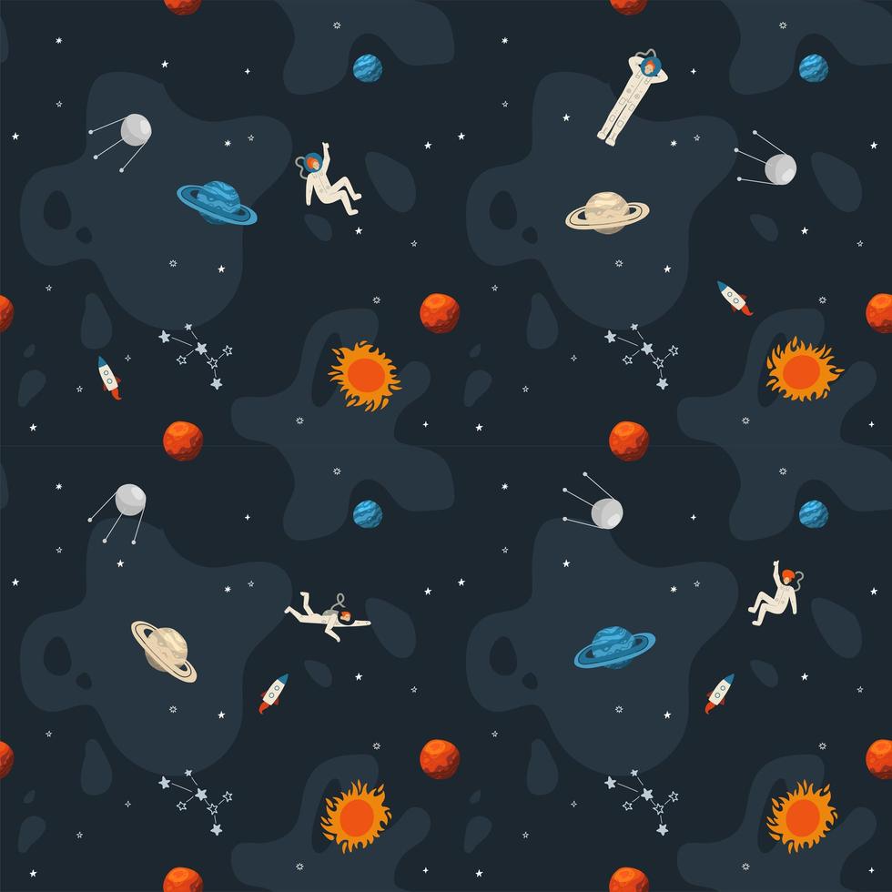 Platz Musterdesign Hintergrund. süße vorlage mit astronaut, rakete, saturn, planeten, sternen im weltraum. hand gezeichnete flache vektorillustration vektor