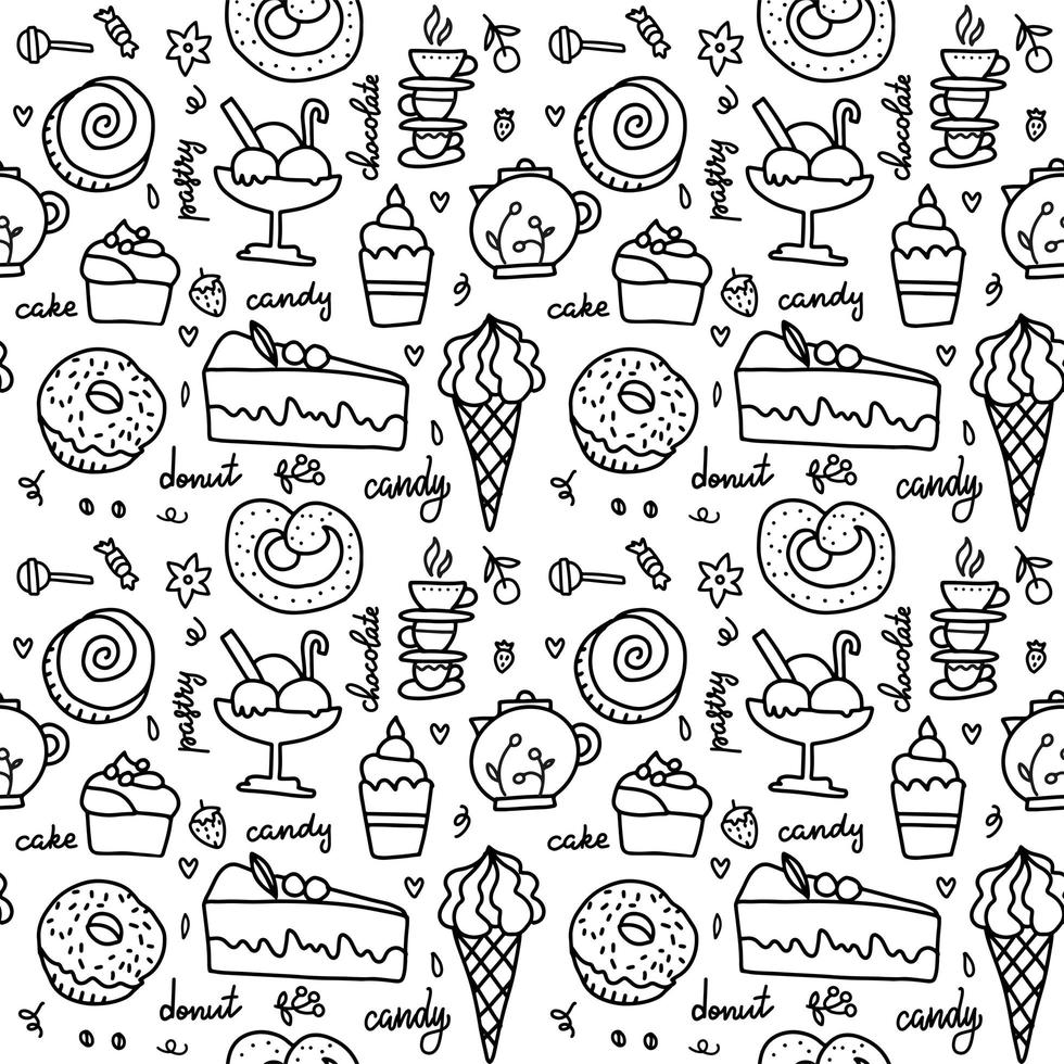 vektor doodle seamless mönster med godis. grattis på födelsedagen bakgrund med glass och cupcakes. svart och vit bakgrund.