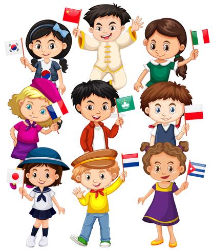 Många barn håller flagga från olika länder vektor