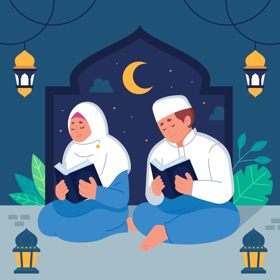 flaches design islamische familie, die zusammen betet vektor