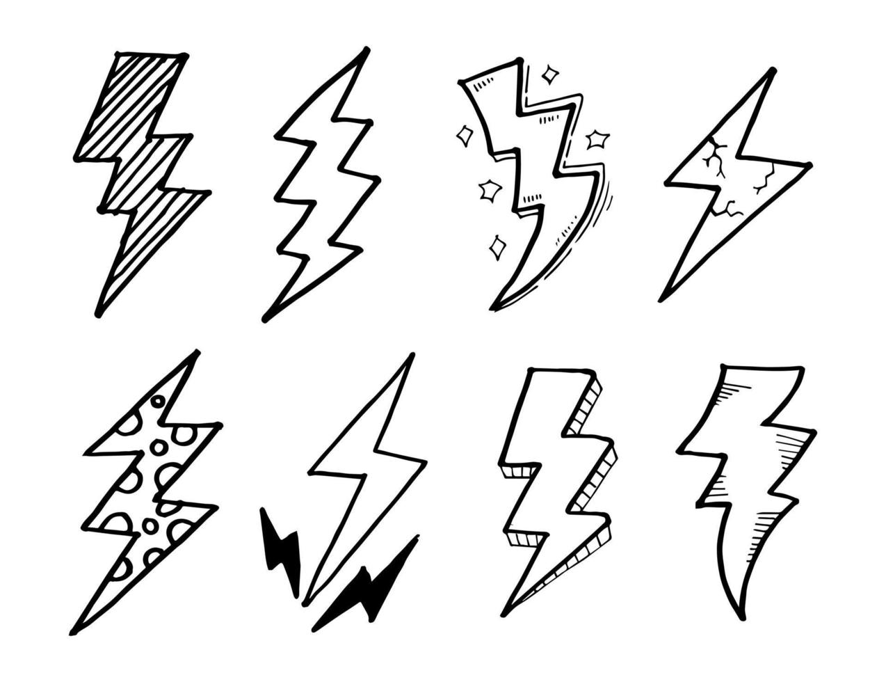 Gekritzelsatz Blitz Strichzeichnungen, Donner, Vektorillustration. vektor