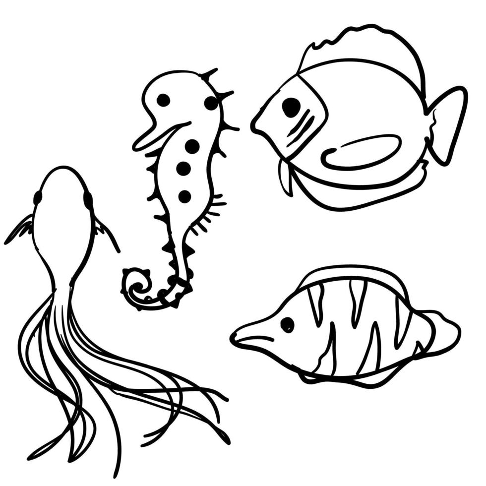 doodle fisk samling vektor med handritad tecknad stil