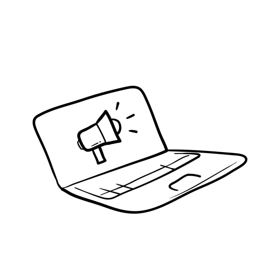 hand gezeichnetes doodle-laptop- und megaphonsymbol für digitalen marketingikonenvektor. isolierter bavkground vektor