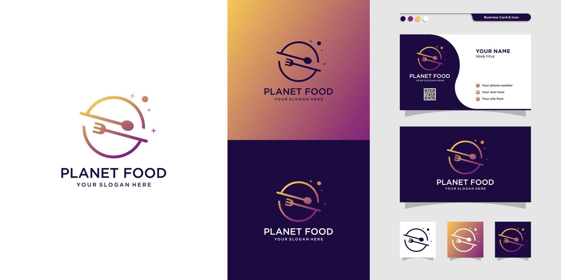 planet food logotyp och visitkort design för restaurang. planet, mat, kort, äta, hungrig, ikon premium vektor