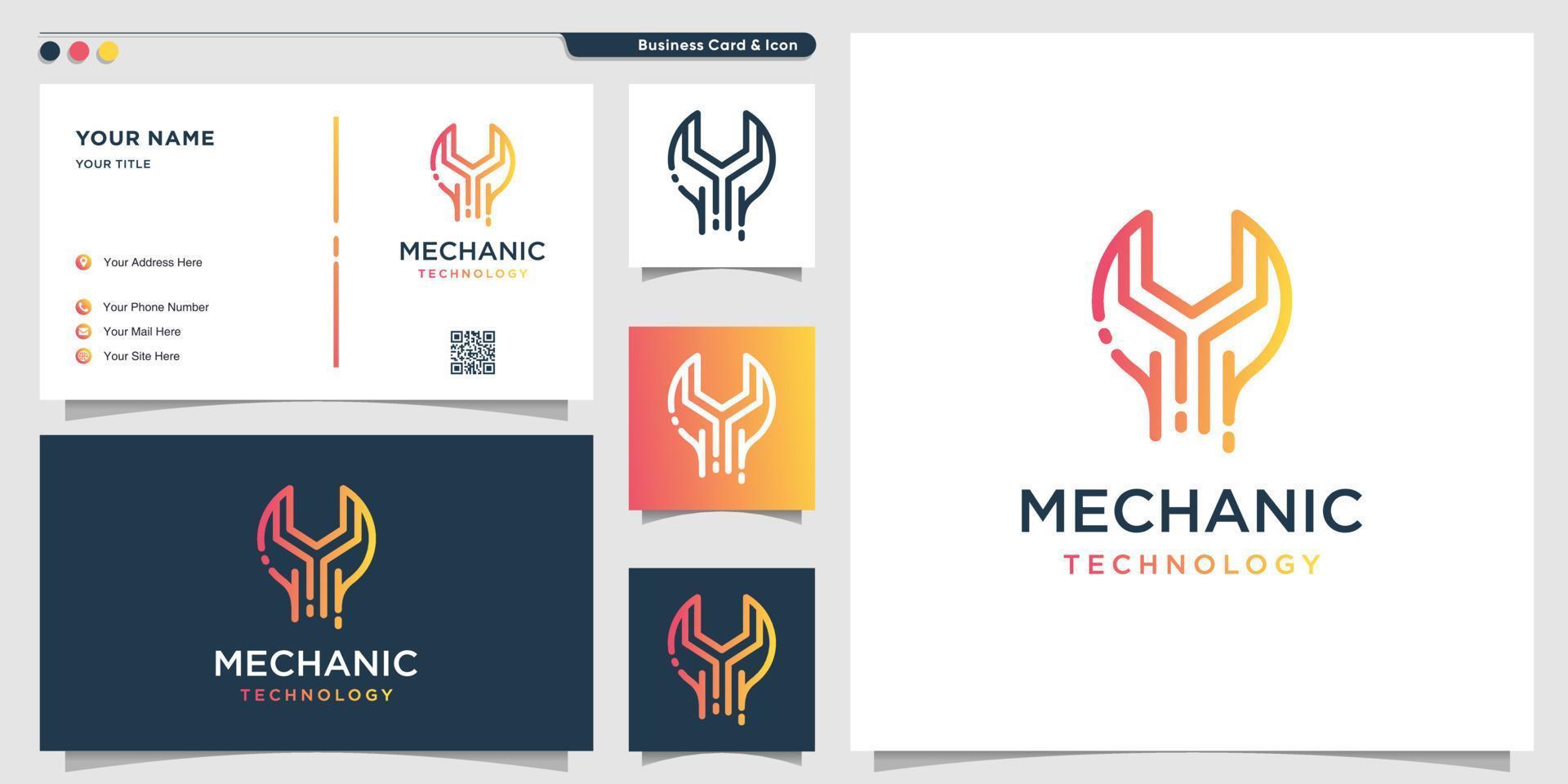 mekaniker logotyp teknik med gradient linjekonst stil och visitkort designmall, reparation, gradient, service premium vektor