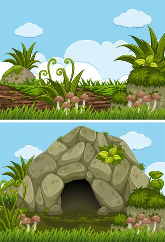 Två bakgrundsscenarier med grotta och logg vektor