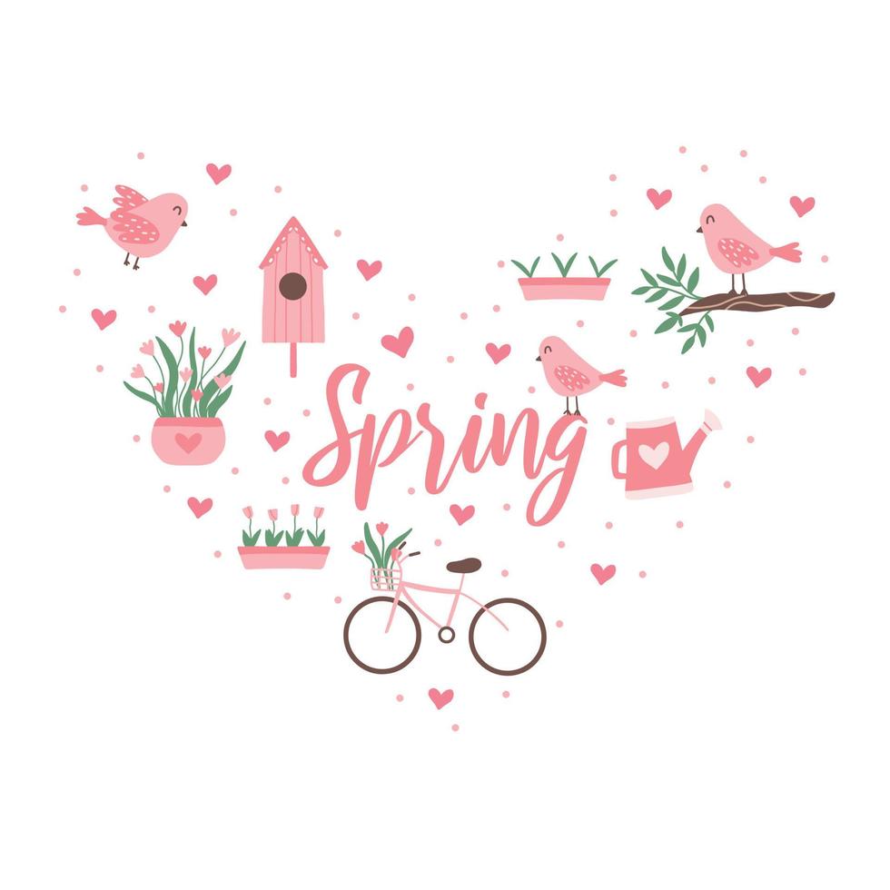 Frühlingsplakat mit Vögeln, Vogelhaus. Fahrrad, Blumen und Tulpen. plakat mit herz und frühlingsbeschriftung. Vektorillustration im Cartoon-Stil. vektor