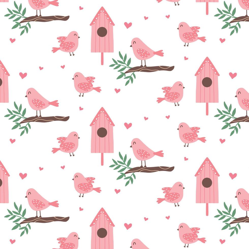 Muster mit niedlichen rosa Vögeln und einem Vogelhaus. Frühlingsmuster mit Vögeln auf Ästen. Vektormuster im Cartoon-Stil. vektor