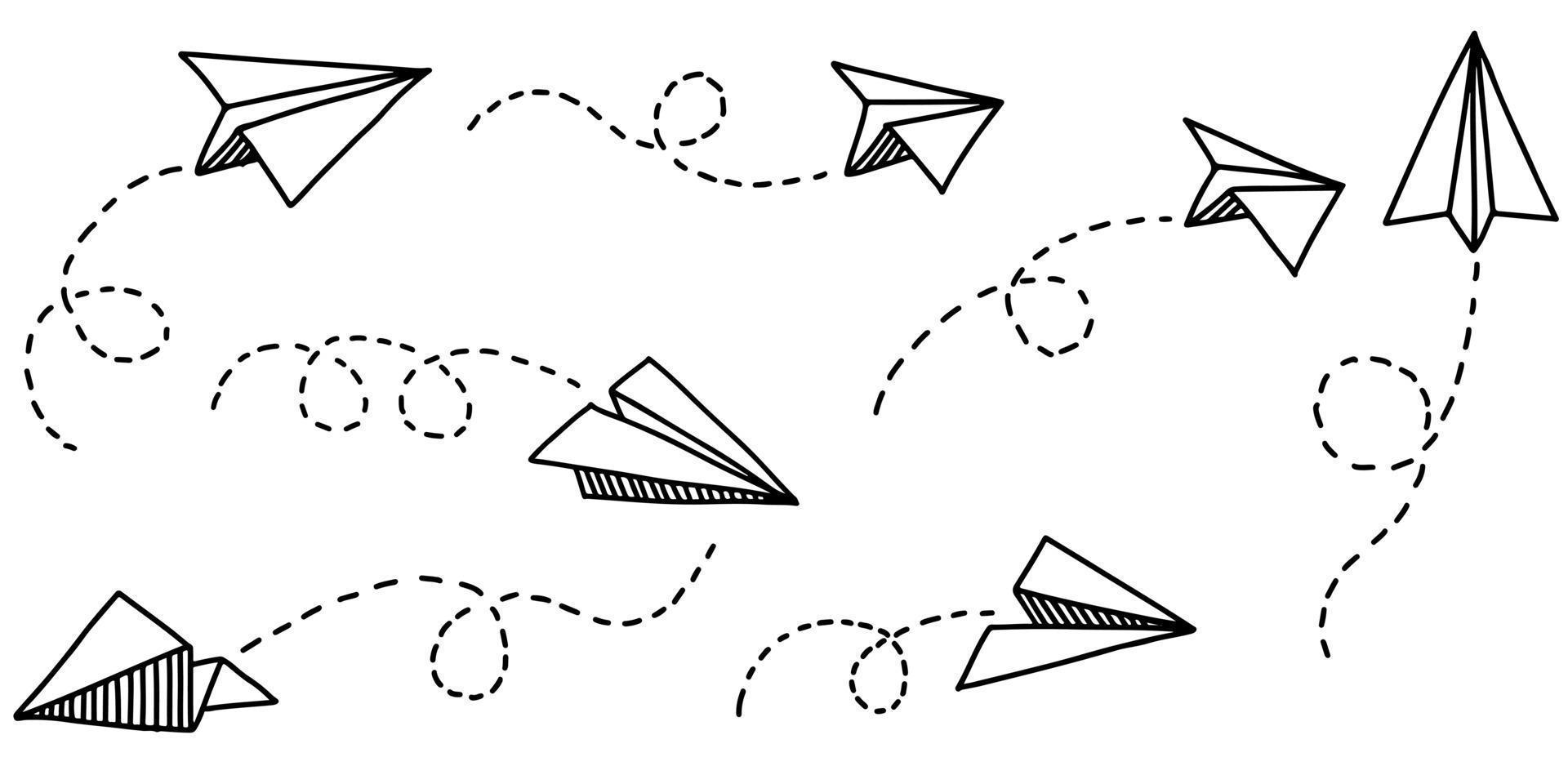 Satz von Doodle-Papierflieger-Symbol. handgezeichnetes Papierflugzeug. Vektor-Illustration. vektor