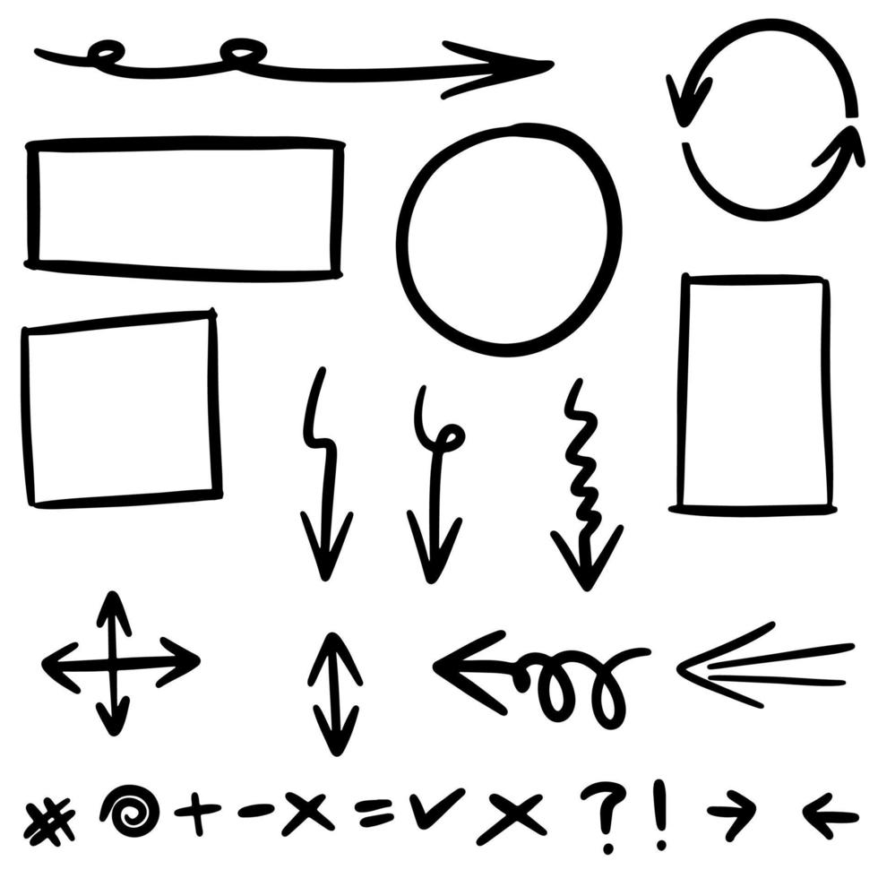 Gekritzellinien, Pfeile, Kreise und Kurven vector.hand gezeichnete Gestaltungselemente lokalisiert auf weißem Hintergrund für Infografik. Vektor-Illustration. vektor